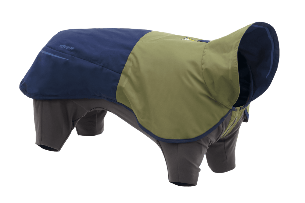 "Sun Shower™ Coverall Regenanzug für Hunde in Dunkelblau und Olivgrün, schützt vollständig mit Kapuze."
