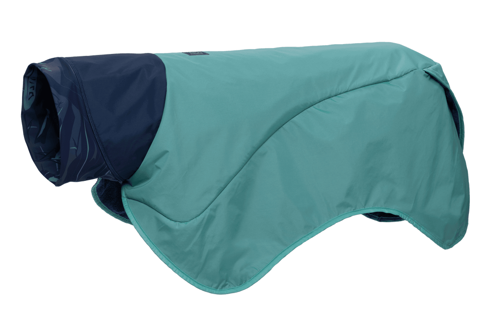 Hundemantel in Aqua-Blau mit dunkelblauem Oberteil, idealer Wetterschutz für Hunde.