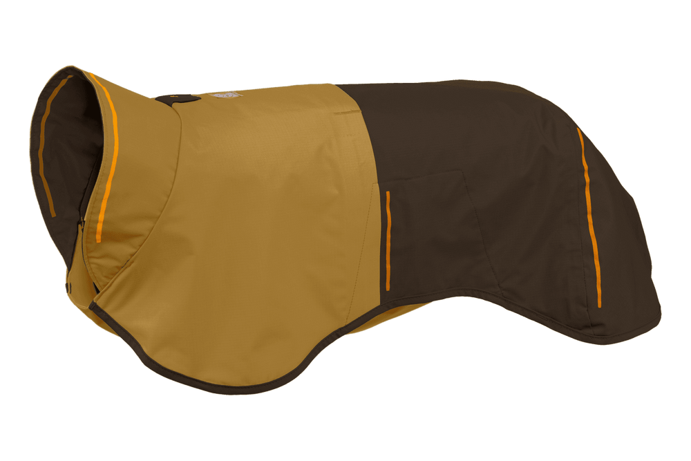 Brauner und beiger Hundemantel Sun Shower™ mit orangefarbenen Akzenten und seitlichen Taschen, ideal für Regentage.