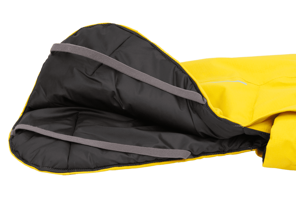 Innenseite einer gelben Vert™ Jacke mit gefüttertem dunkelgrauen Kragen und grauen Streifen. Ideal für kaltes Wetter.