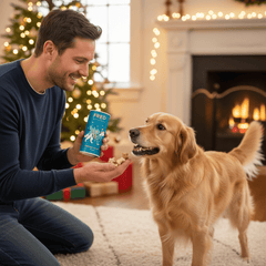 Mann füttert Hund mit FRED Festtags-Leckerli in festlicher Umgebung mit Weihnachtsbaum und Kamin.