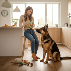 FRED Vegane Snacks Kürbis & Karotte im 2er Set, Frau füttert Hund in moderner Küche, gesunde Belohnung für Vierbeiner.