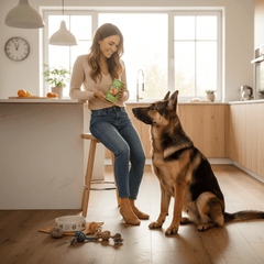 FRED Vegane Snacks Kürbis & Karotte im 2er Set, Frau füttert Hund in moderner Küche, gesunde Belohnung für Vierbeiner.