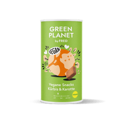 Vegane Snacks von FRED aus Kürbis und Karotte in grüner Verpackung für gesunde Belohnungen und Training.
