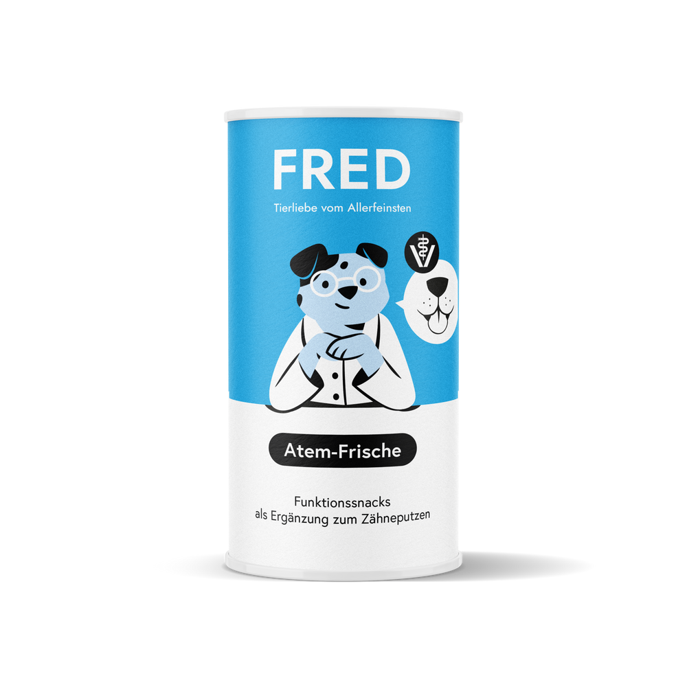 Funktionssnack Atem-Frische für Hunde in Dose mit cartoonhaftem Hund und Tierarzt, unterstützt die Mundpflege und frischen At