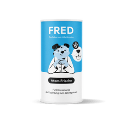 Funktionssnack Atem-Frische für Hunde in Dose mit cartoonhaftem Hund und Tierarzt, unterstützt die Mundpflege und frischen At