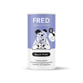 Dose mit Funktionssnack Bauch-Wohl zur Unterstützung der Verdauung, sanfte Farben und cartoonartiger Hund auf der Verpackung.