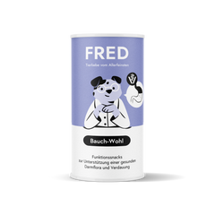 Dose mit Funktionssnack Bauch-Wohl zur Unterstützung der Verdauung, sanfte Farben und cartoonartiger Hund auf der Verpackung.