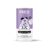Funktionssnack Haut & Fell-Pflege für Tiere in lila Dose mit Hund, unterstützt gesunde Haut und glänzendes Fell.