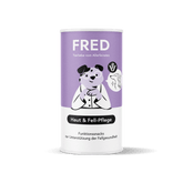 Funktionssnack Haut & Fell-Pflege für Tiere in lila Dose mit Hund, unterstützt gesunde Haut und glänzendes Fell.