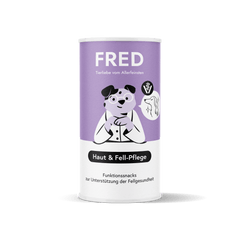 Funktionssnack Haut & Fell-Pflege für Tiere in lila Dose mit Hund, unterstützt gesunde Haut und glänzendes Fell.