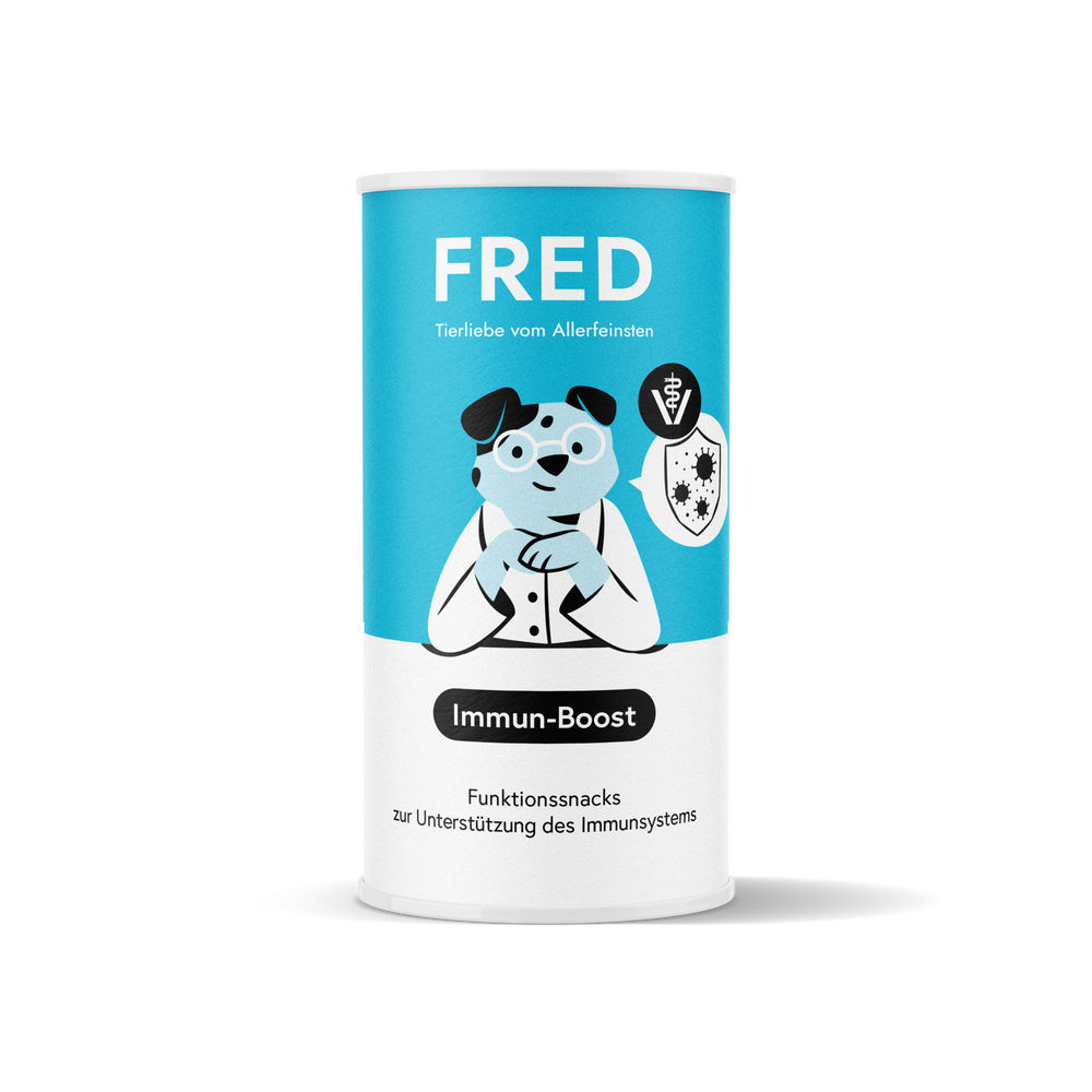 Runde Dose mit Funktionssnack Immun-Boost für Hunde, unterstützt das Immunsystem mit natürlichen Zutaten.