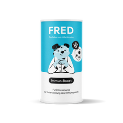 Runde Dose mit Funktionssnack Immun-Boost für Hunde, unterstützt das Immunsystem mit natürlichen Zutaten.