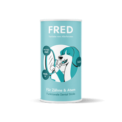 Türkise Verpackung der FRED Dental Sticks mit weißem und schwarzem Design, ideal für gesunde Zähne von Hunden.
