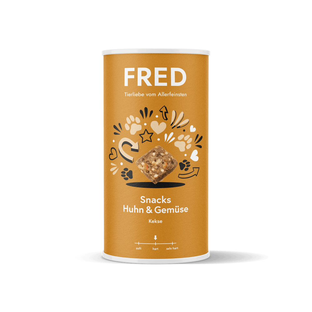 FRED Snacks Huhn & Gemüse 2er Set in runder Dose, leckere Kekse für Tiere mit 80% Muskelfleisch und Gemüse.