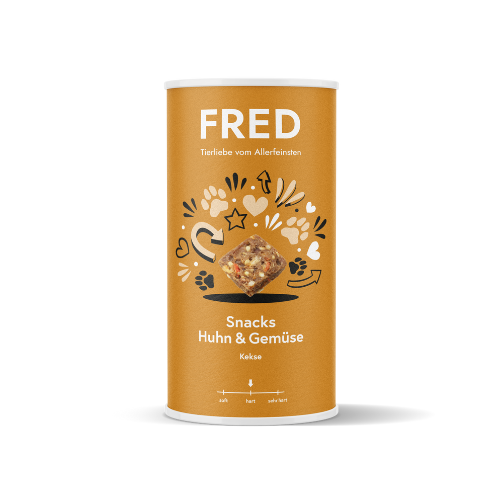 FRED Snacks Huhn & Gemüse 2er Set in runder Dose, leckere Kekse für Tiere mit 80% Muskelfleisch und Gemüse.