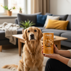 Golden Retriever schaut auf FRED Snacks Huhn & Gemüse Snackbehälter im Wohnzimmer, ideal als Belohnung für Hunde.