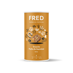 FRED Snacks Huhn & Gemüse 2er Set in runder Dose, leckere Kekse für Tiere mit 80% Muskelfleisch und Gemüse.