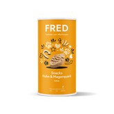 FRED Snacks Huhn & Magerquark 4er Set für Hunde, praktische Belohnungssnacks in orange Verpackung mit Pfoten- und Herzmotiven