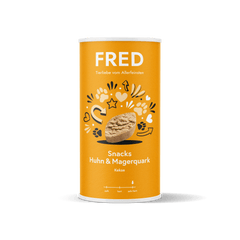 FRED Snacks Huhn & Magerquark 4er Set für Hunde, praktische Belohnungssnacks in orange Verpackung mit Pfoten- und Herzmotiven