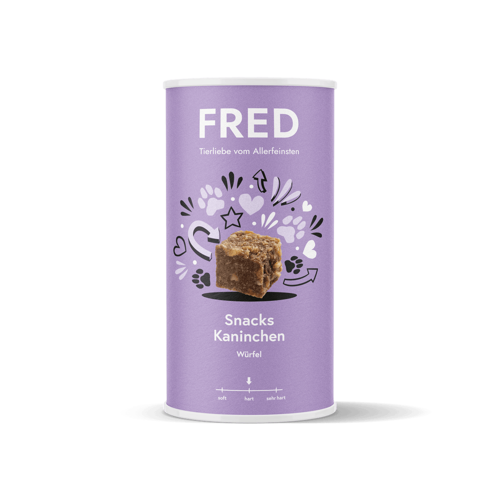 FRED Snacks Kaninchen 2er Set in lila Verpackung, leckere Fleischwürfel für Hunde als Trainingbelohnung und Snack.