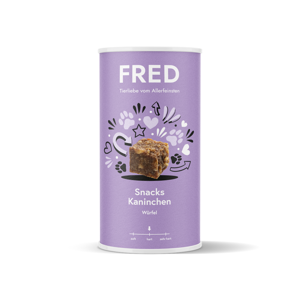 FRED Snacks Kaninchen 2er Set in lila Verpackung, leckere Fleischwürfel für Hunde als Trainingbelohnung und Snack.