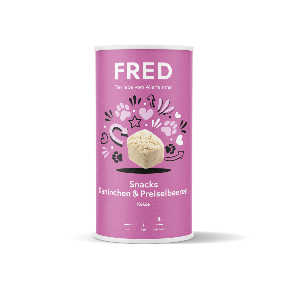 FRED Snacks Kaninchen & Preiselbeeren im praktischen 4er Set für Hunde – aromatische Leckerli in handlicher Dose.