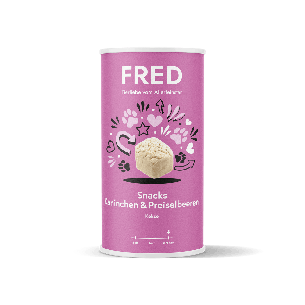 FRED Snacks Kaninchen & Preiselbeeren im praktischen 4er Set für Hunde – aromatische Leckerli in handlicher Dose.