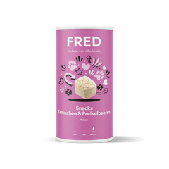 FRED Snacks Kaninchen & Preiselbeeren im praktischen 4er Set für Hunde – aromatische Leckerli in handlicher Dose.