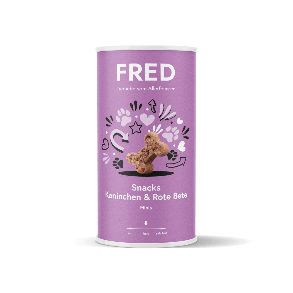 FRED Snacks Kaninchen & Rote Bete Minis im lila Beutel, ideale Hundeleckerlis für Training und Alltag, getreidefrei und handl