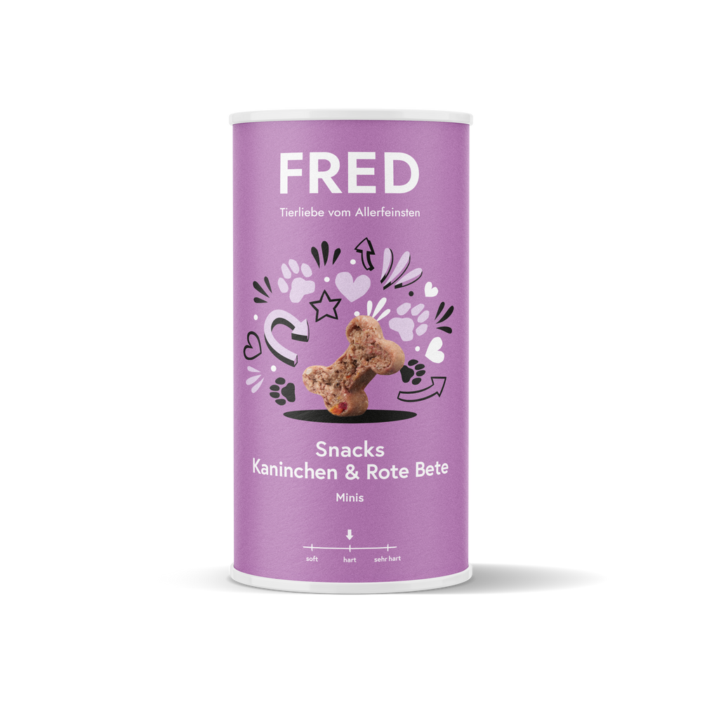 FRED Snacks Kaninchen & Rote Bete Minis im lila Beutel, ideale Hundeleckerlis für Training und Alltag, getreidefrei und handl