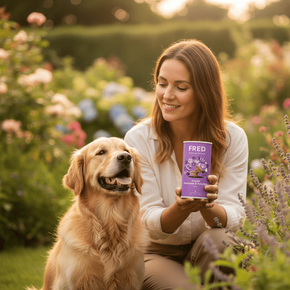 FRED Snacks Kaninchen & Rote Bete Minis im Garten, Frau mit Hund und Leckerli, ideal für Training und Belohnung.