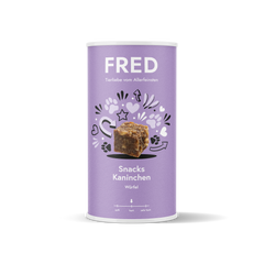 FRED Snacks Kaninchen 2er Set in lila Verpackung, leckere Fleischwürfel für Hunde als Trainingbelohnung und Snack.