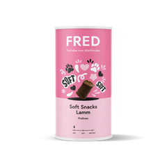 FRED Soft Snacks Lamm 2er Set in pinker Verpackung mit Pfotenabdrücken, ideale Belohnung für empfindliche Hunde.