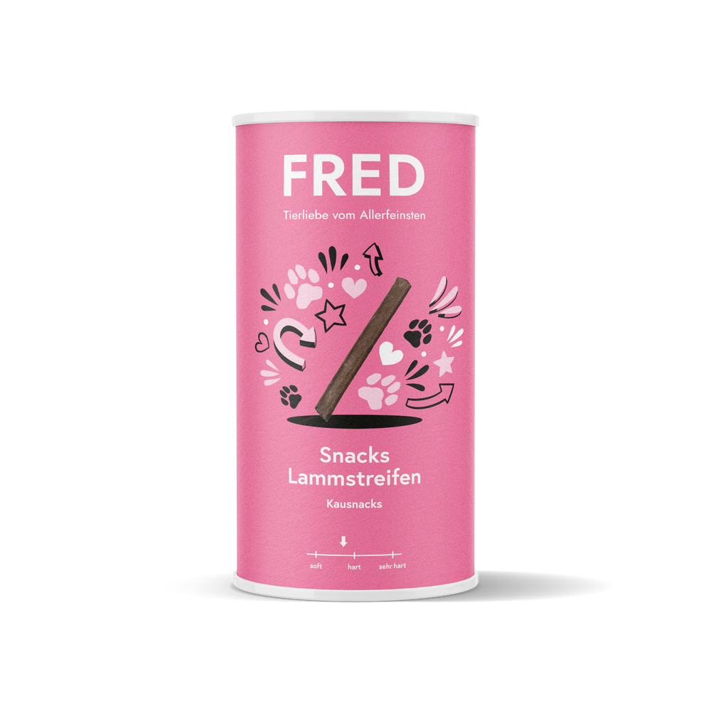 FRED Snacks Lammstreifen 2er Set für sensible Hunde in rosa Verpackung mit Pfoten und Herzen, schonend luftgetrocknet.
