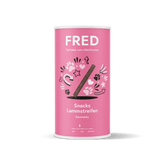 FRED Snacks Lammstreifen 2er Set für sensible Hunde in rosa Verpackung mit Pfoten und Herzen, schonend luftgetrocknet.