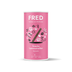 FRED Snacks Lammstreifen 2er Set für sensible Hunde in rosa Verpackung mit Pfoten und Herzen, schonend luftgetrocknet.