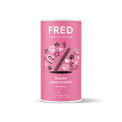 FRED Snacks Lammstreifen 2er Set für sensible Hunde in rosa Verpackung mit Pfoten und Herzen, schonend luftgetrocknet.