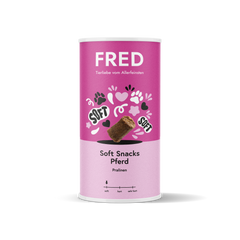 ALT-Tag für das Bild: FRED Soft Snacks Pferd in pinker Dose mit Pfotenabdrücken, weiche Snacks für Hunde, ideal für Training.