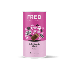 ALT-Tag für das Bild: FRED Soft Snacks Pferd in pinker Dose mit Pfotenabdrücken, weiche Snacks für Hunde, ideal für Training.