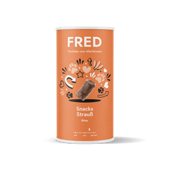 FRED Snacks Strauß 2er Set für Hunde, luftgetrocknete Straußensnacks in orangefarbener Verpackung mit Pfotenabdrücken.