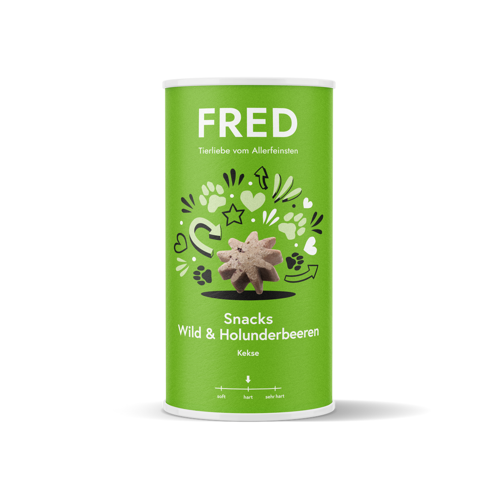 FRED Snacks Wild & Holunderbeeren 4er Set in grüner Verpackung, leckere Hundesnacks mit Wildfleisch und Holunderbeeren.