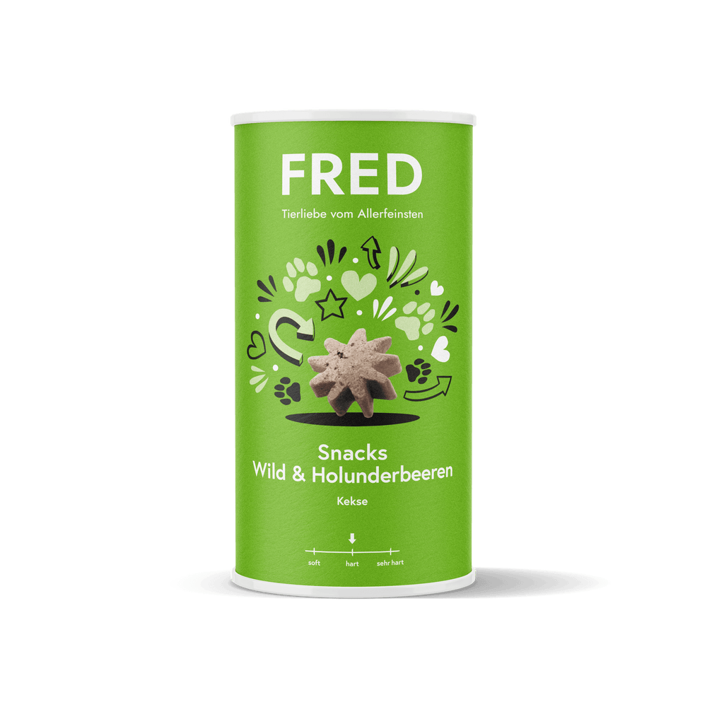 FRED Snacks Wild & Holunderbeeren 4er Set in grüner Verpackung, leckere Hundesnacks mit Wildfleisch und Holunderbeeren.