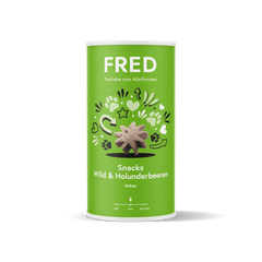 FRED Snacks Wild & Holunderbeeren 4er Set in grüner Verpackung, leckere Hundesnacks mit Wildfleisch und Holunderbeeren.