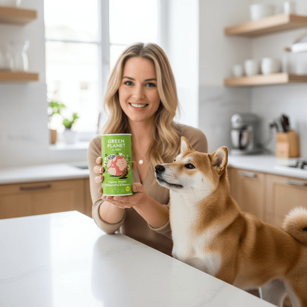 FRED Vegane Snacks Süsskartoffel & Banane in einer modernen Küche mit Hund, ideal als gesunder Snack für zwischendurch.