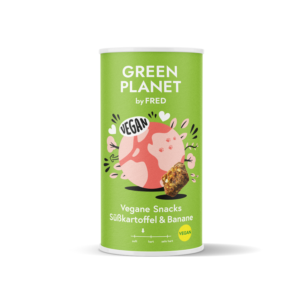 Vegane Snacks von FRED aus Süsskartoffel und Banane im 2er Set, farbenfrohe Verpackung, ideal für Belohnungen und unterwegs.