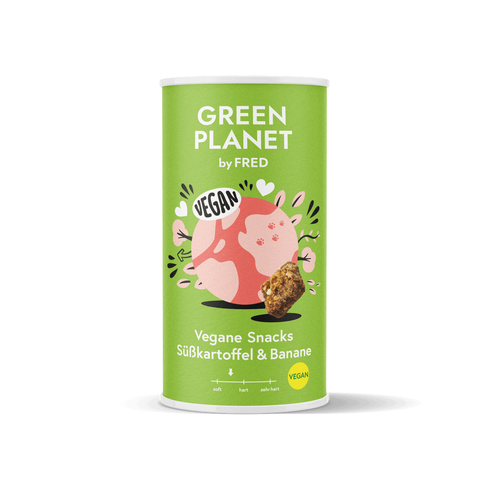Vegane Snacks von FRED aus Süsskartoffel und Banane im 2er Set, farbenfrohe Verpackung, ideal für Belohnungen und unterwegs.
