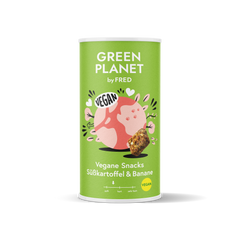 Vegane Snacks von FRED aus Süsskartoffel und Banane im 2er Set, farbenfrohe Verpackung, ideal für Belohnungen und unterwegs.
