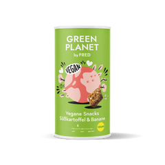 Vegane Snacks von FRED aus Süsskartoffel und Banane im 2er Set, farbenfrohe Verpackung, ideal für Belohnungen und unterwegs.