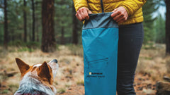 Person hält blaue und graue Hundedecke, während ein Hund im Wald aufmerksam nach oben schaut.